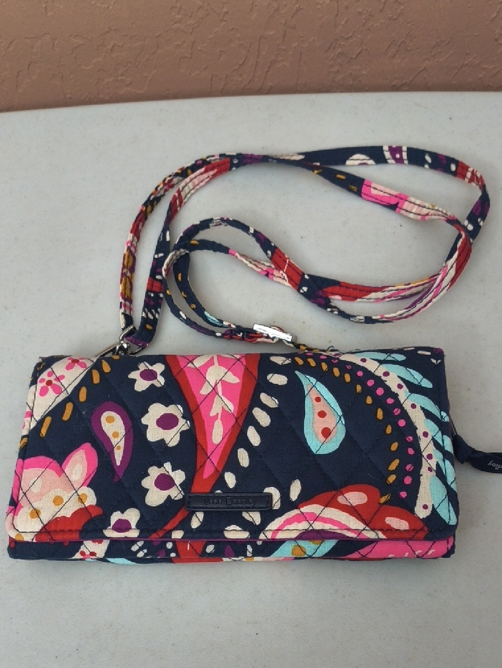 Vera Bradley Navy Painted Paisley Quilted Wristlet Wallet RFID